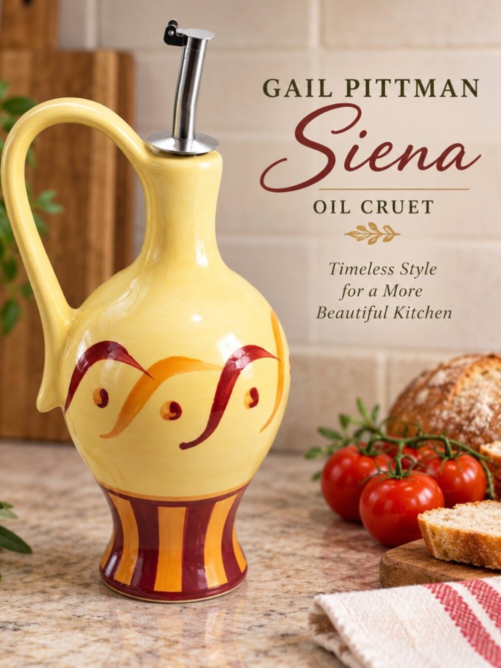 Vintage Gail Pittman 10" Ceramic Hand Painted Oil Cruet/Dispenser